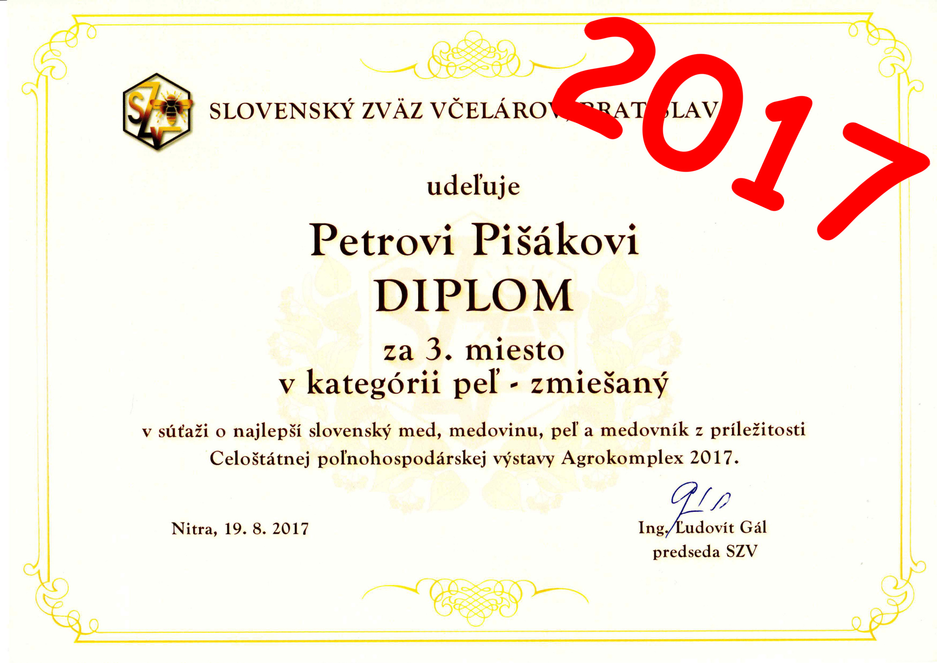 Diplom za 3. miesto v kategórii zmiešaný peľ - súťaž SZV 2017 Diplom za 3. miesto v kategórii zmiešaný peľ - súťaž SZV 2017