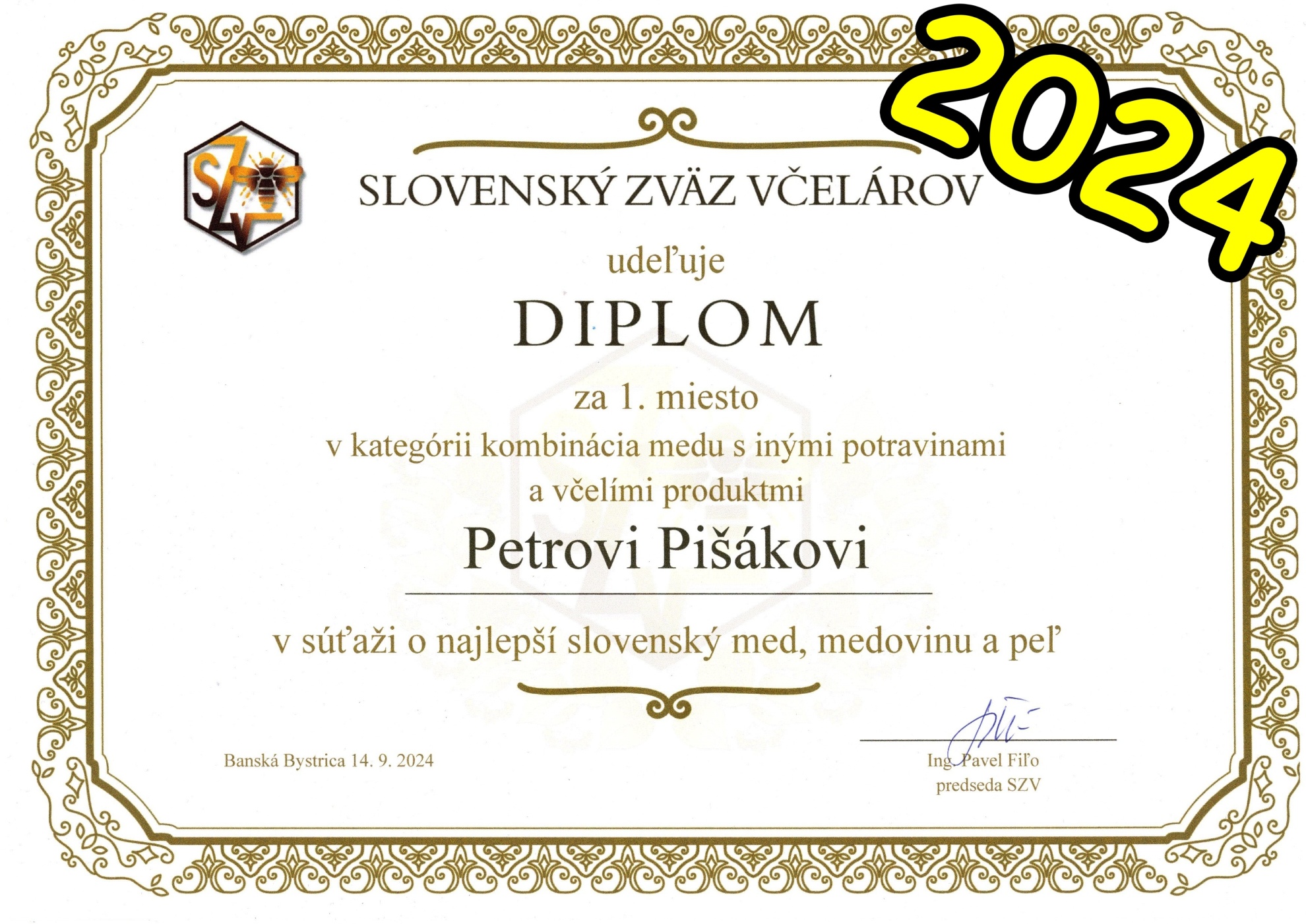 Diplom za 1. miesto v kategórii kombinácia medu s inými potravinami v súťaži o najlepší med na Slovensku v roku 2024 organizovaný Slovenským zväzom včelárov (SZV) Diplom za 1. miesto v kategórii kombinácia medu s inými potravinami v súťaži o najlepší med na Slovensku v roku 2024 organizovaný Slovenským zväzom včelárov (SZV)