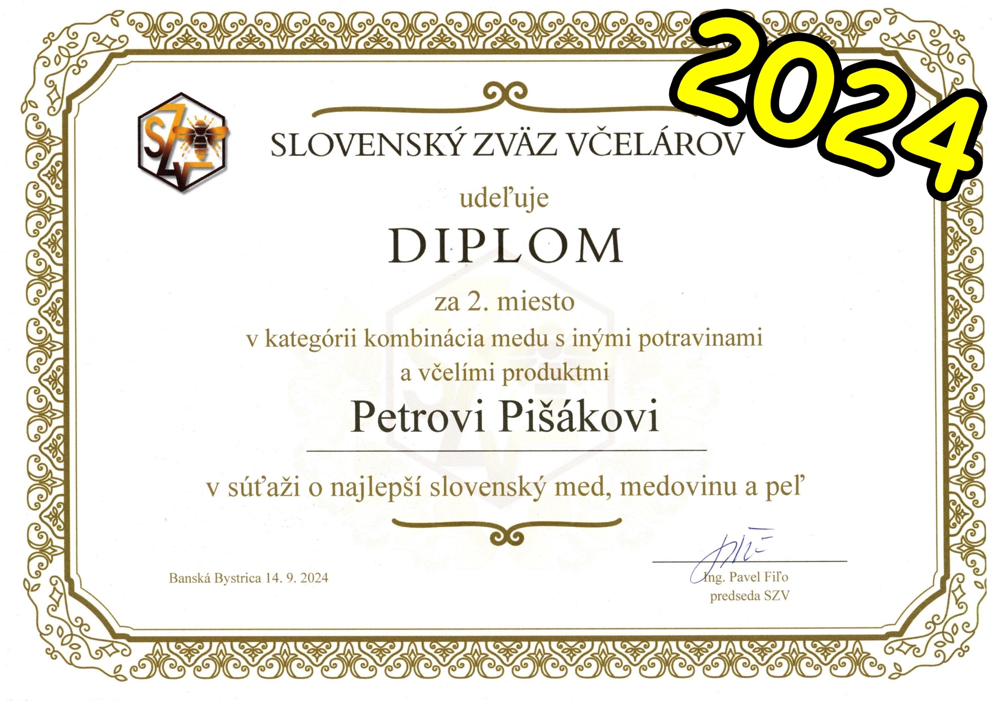 Diplom za 2. miesto v kategórii kombinácia medu s inými potravinami v súťaži o najlepší med na Slovensku v roku 2024 organizovaný Slovenským zväzom včelárov (SZV) Diplom za 2. miesto v kategórii kombinácia medu s inými potravinami v súťaži o najlepší med na Slovensku v roku 2024 organizovaný Slovenským zväzom včelárov (SZV)