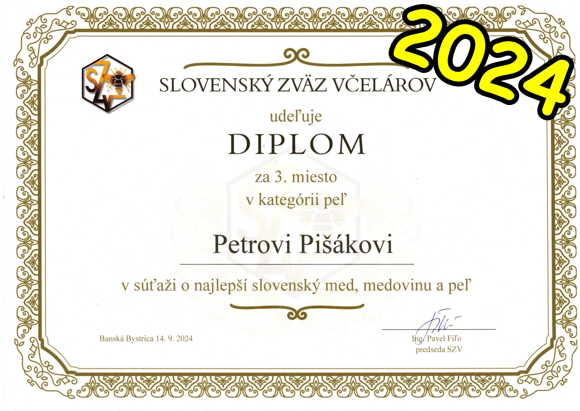 Diplom za 3. miesto v kategórii zmiešaný peľ - súťaž SZV 2024 Diplom za 3. miesto v kategórii zmiešaný peľ - súťaž SZV 2024