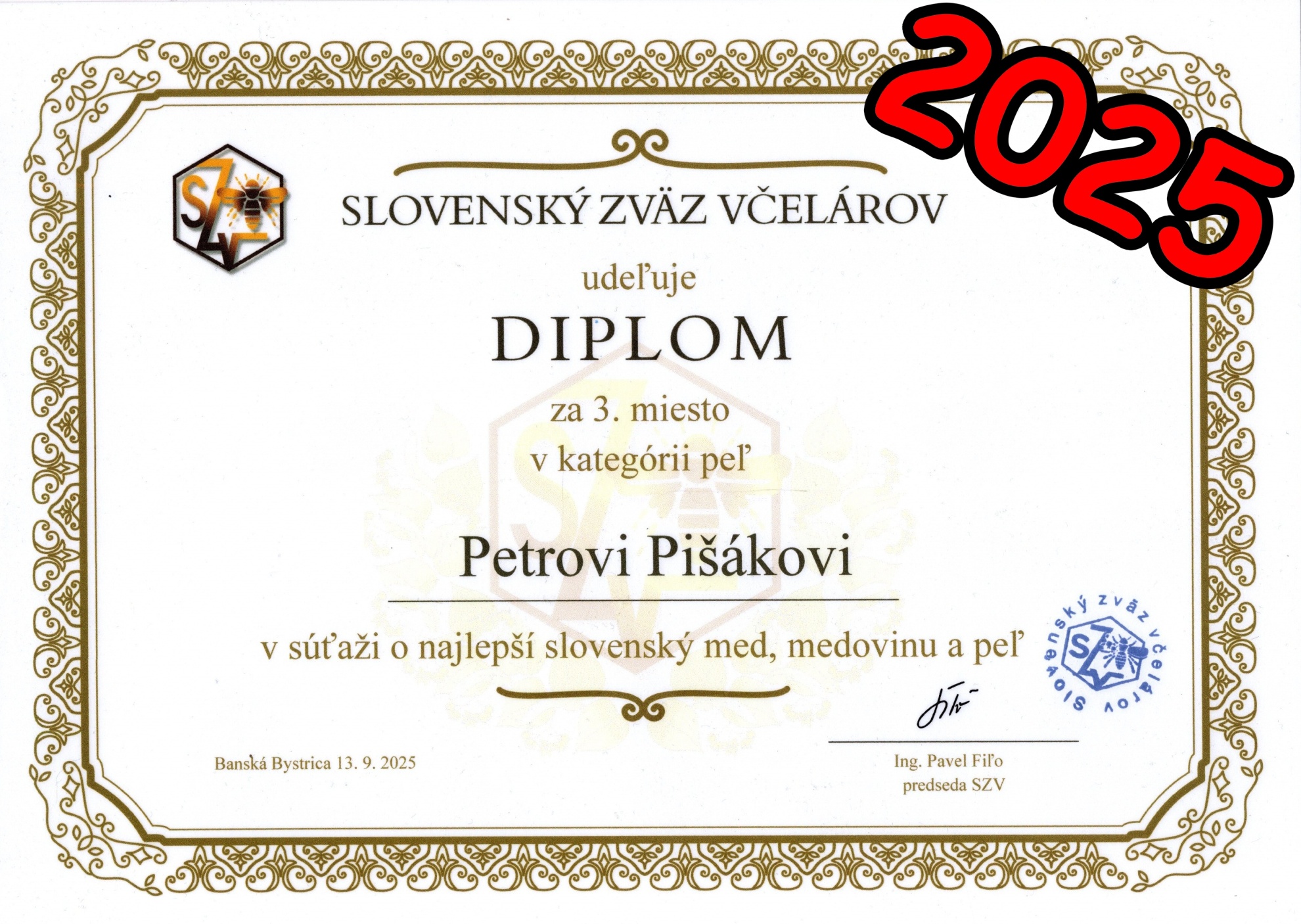 Diplom za 3. miesto v kategórii včelí peľ - súťaž SZV 2025 Diplom za 3. miesto v kategórii včelí peľ - súťaž SZV 2025