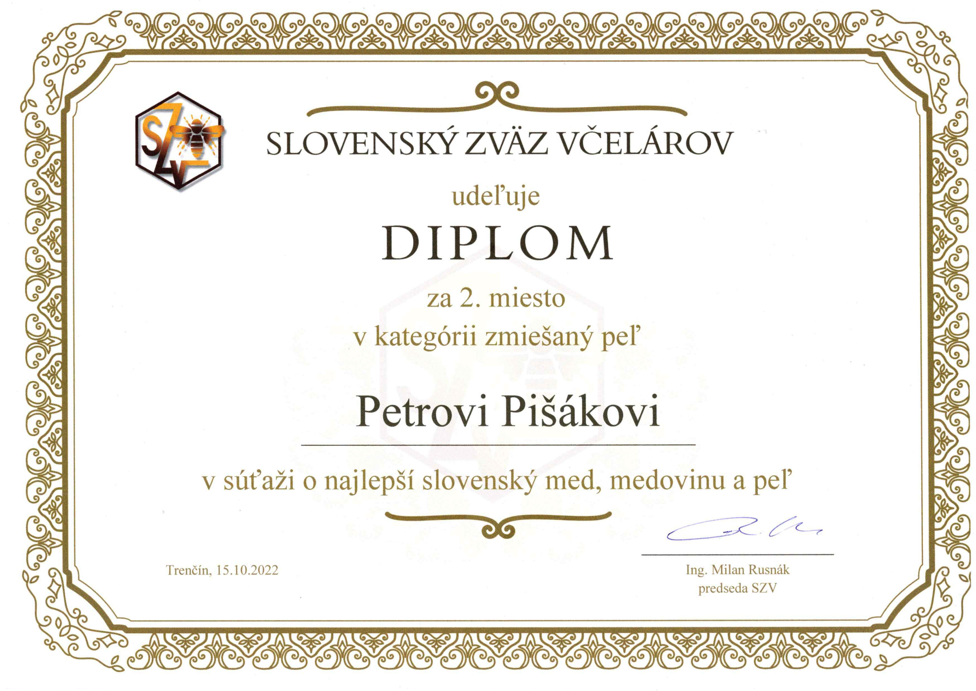 Diplom za 2. miesto v kategórii zmiešaný peľ - súťaž SZV 2022