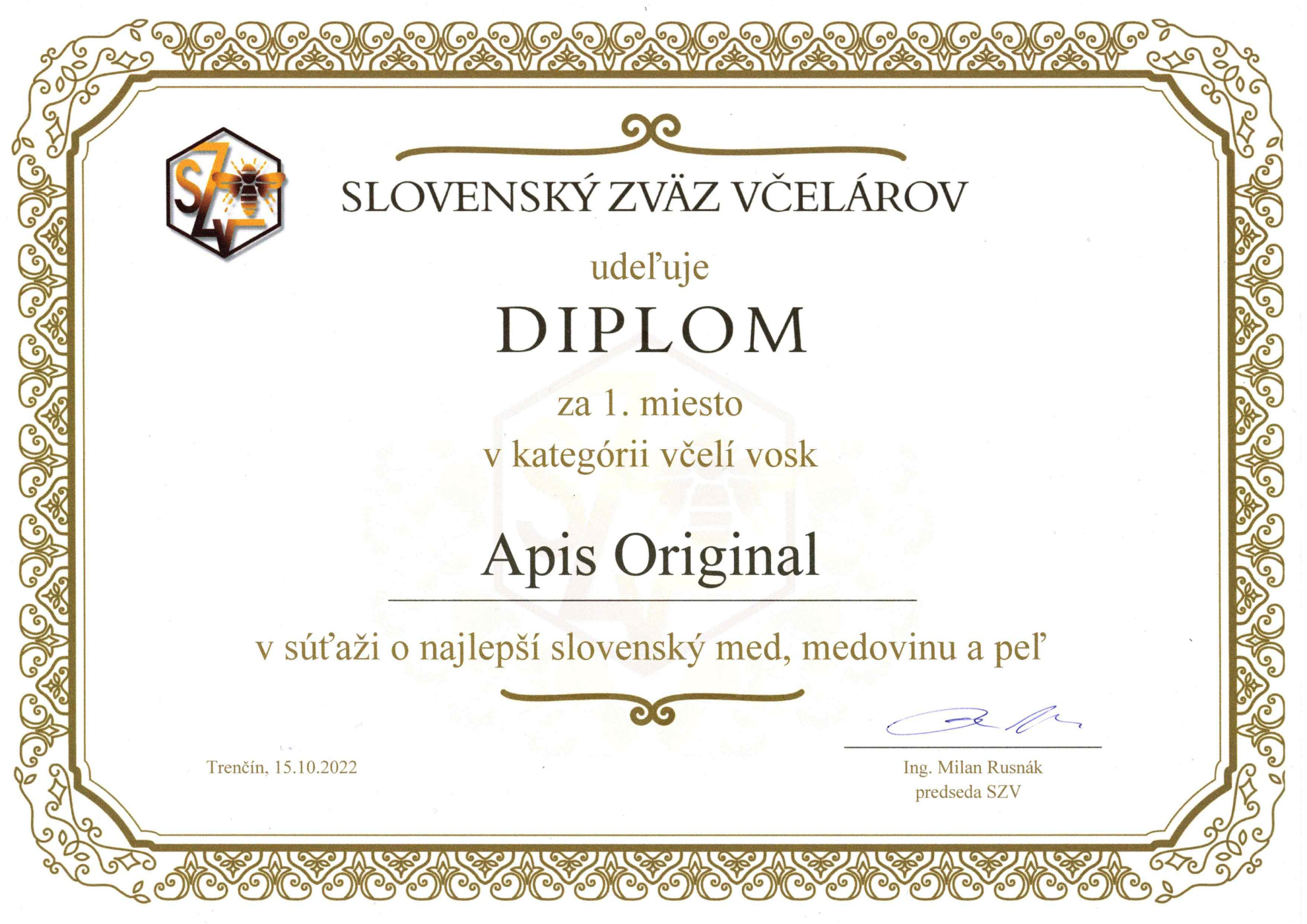 Diplom za 1. miesto v kategórii včelí vosk - súťaž SZV 2022