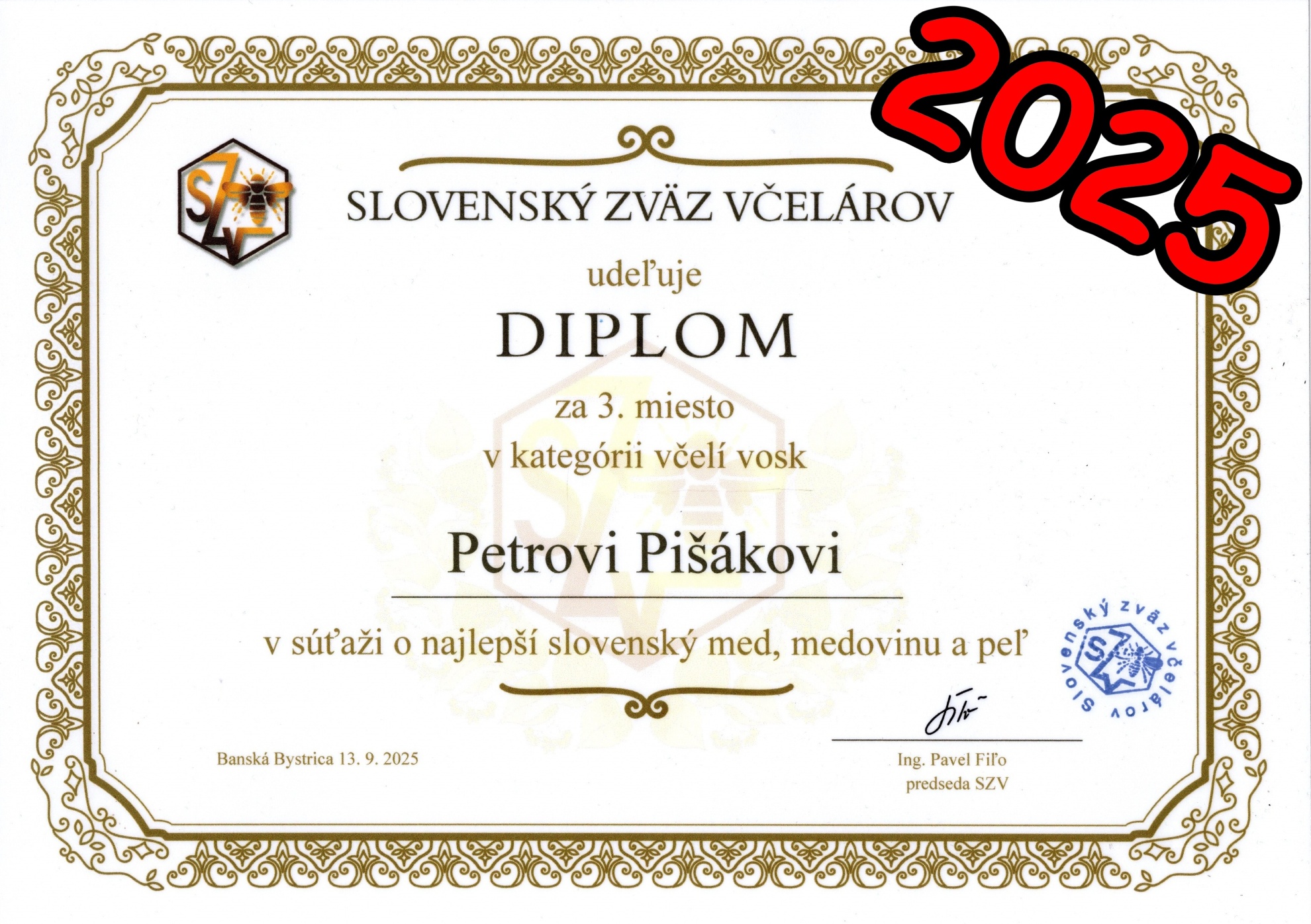 Diplom za 3. miesto v kategórii včelí vosk - súťaž SZV 2025 Diplom za 3. miesto v kategórii včelí vosk - súťaž SZV 2025