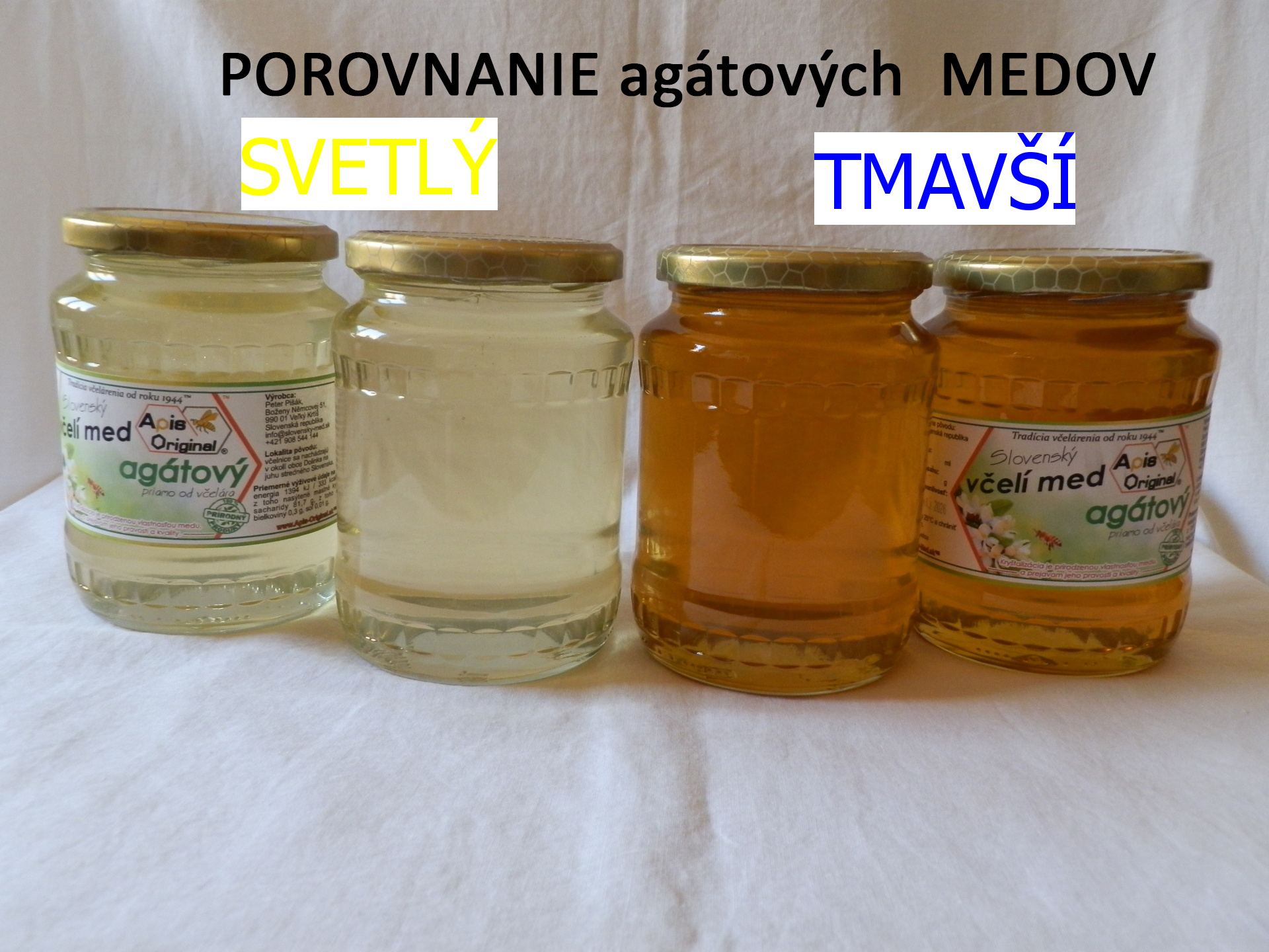 Porovnanie svetlého a tmavšieho agátového včelieho medu v sklenenom pohári od Petra Pišáka - Apis Original, pohľad spredu bez blesku