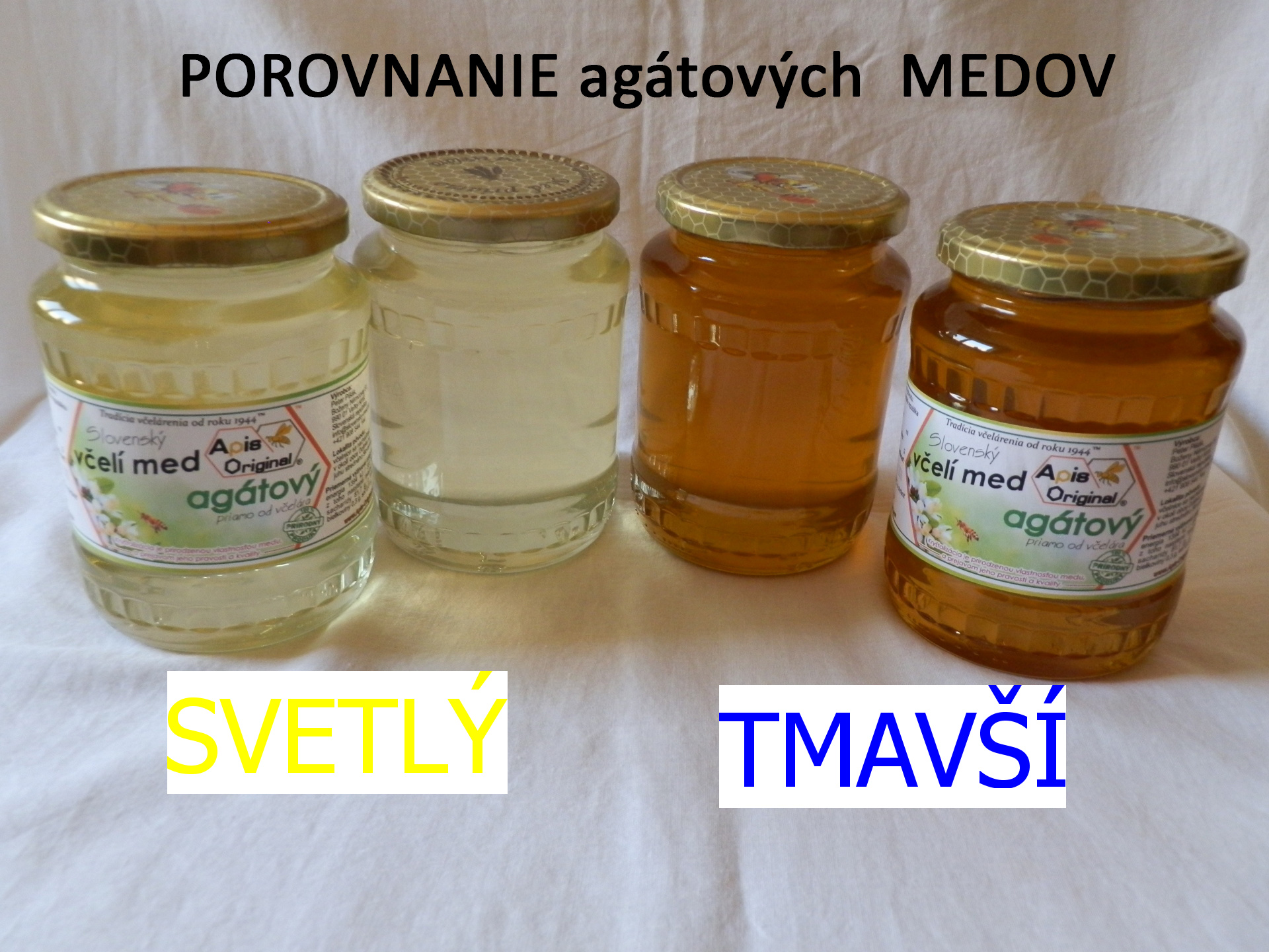 Porovnanie svetlého a tmavšieho agátového včelieho medu v sklenenom pohári od Petra Pišáka - Apis Original pohľad z vyššieho uhla