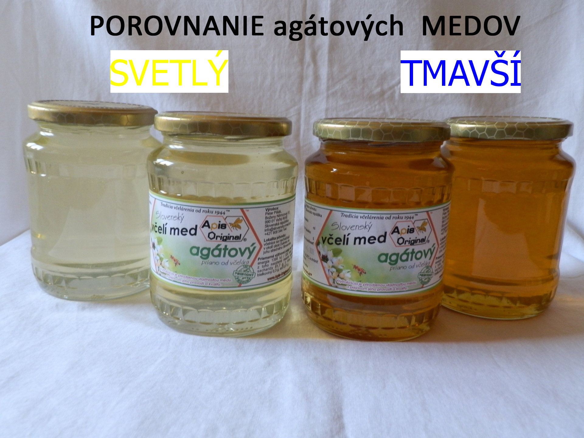 Porovnanie svetlého a tmavšieho agátového včelieho medu v sklenenom pohári od Petra Pišáka - Apis Original, pohľad spredu svetlejší záber